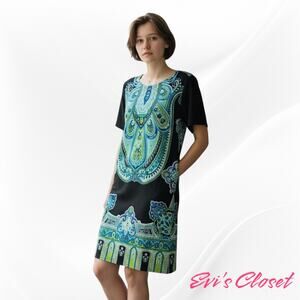 London Times Sheath Knee Dress Short Sleeves Black Blue Green Jersey Knit Sz 12